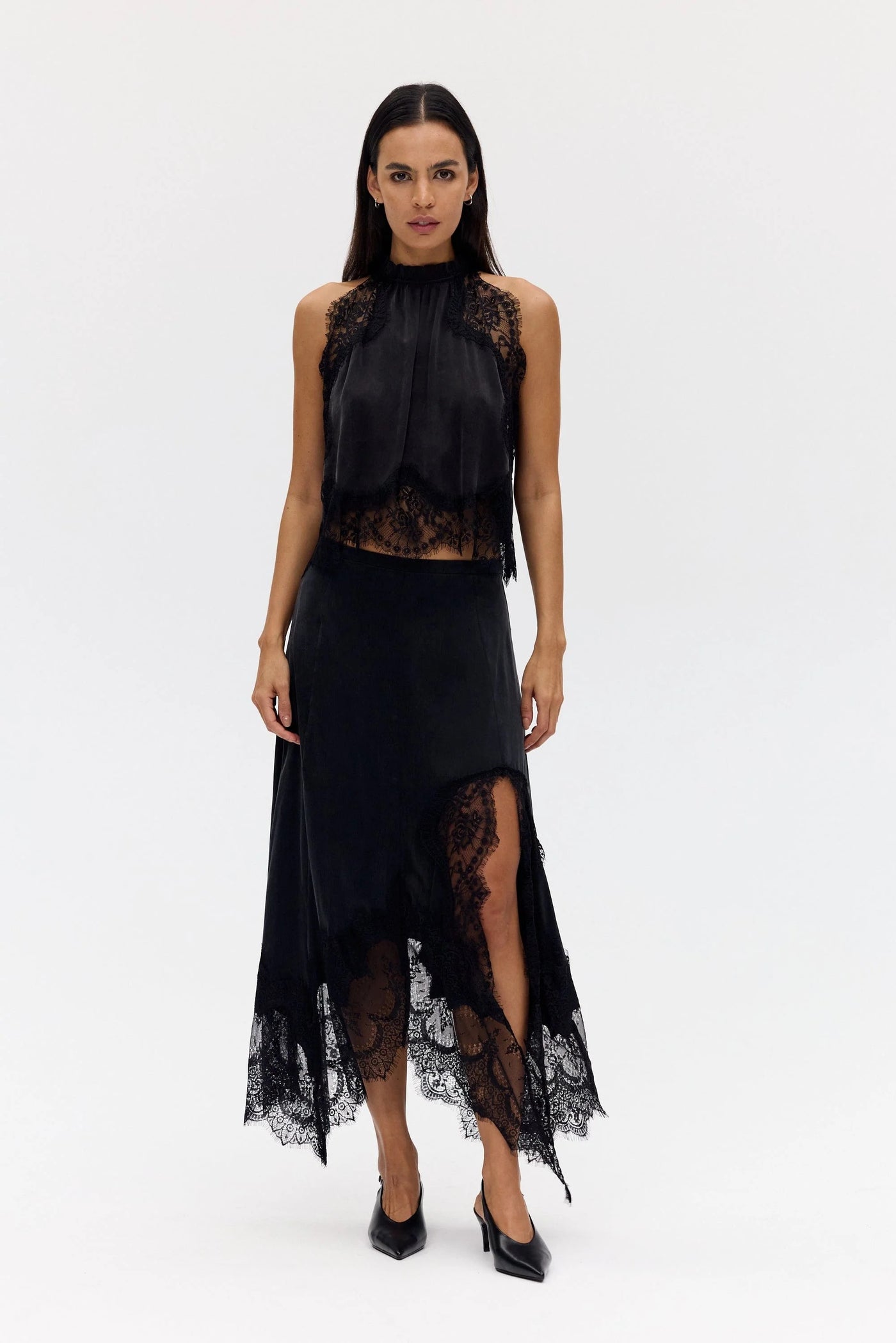 Modern Muse Satin Lace Trim Pleated Neck Top and A-line Irregular Slit Skirt Set
