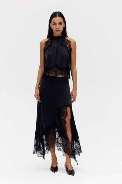 Modern Muse Satin Lace Trim Pleated Neck Top and A-line Irregular Slit Skirt Set