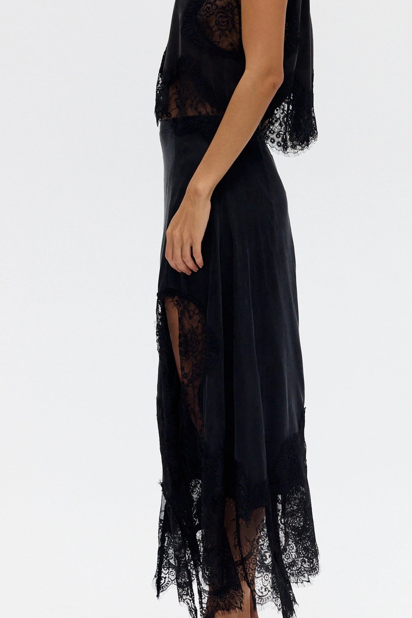 Modern Muse Satin Lace Trim Pleated Neck Top and A-line Irregular Slit Skirt Set