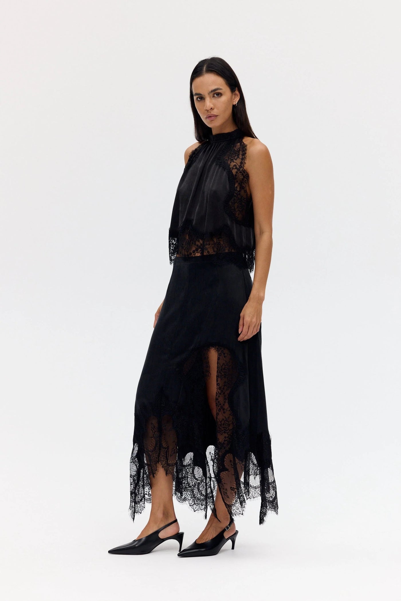 Modern Muse Satin Lace Trim Pleated Neck Top and A-line Irregular Slit Skirt Set