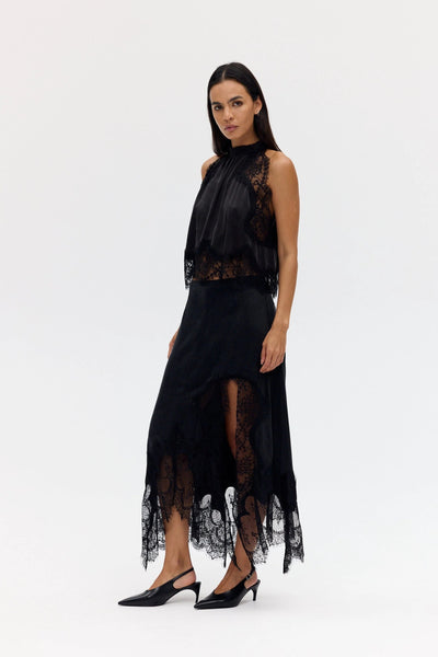 Modern Muse Satin Lace Trim Pleated Neck Top and A-line Irregular Slit Skirt Set