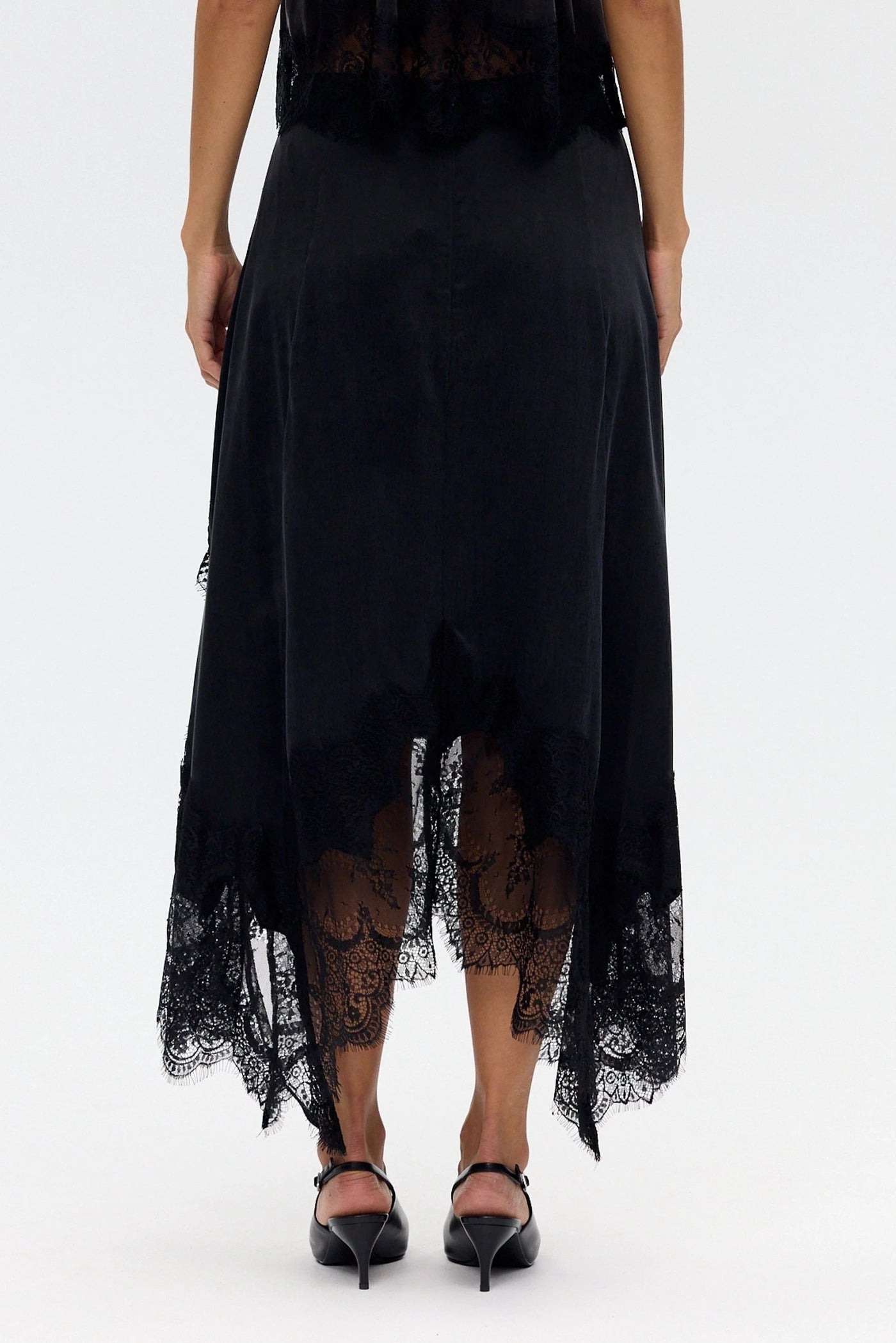 Modern Muse Satin Lace Trim Pleated Neck Top and A-line Irregular Slit Skirt Set