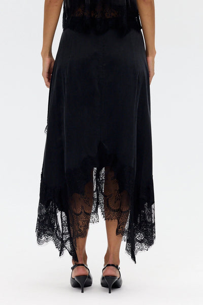 Modern Muse Satin Lace Trim Pleated Neck Top and A-line Irregular Slit Skirt Set