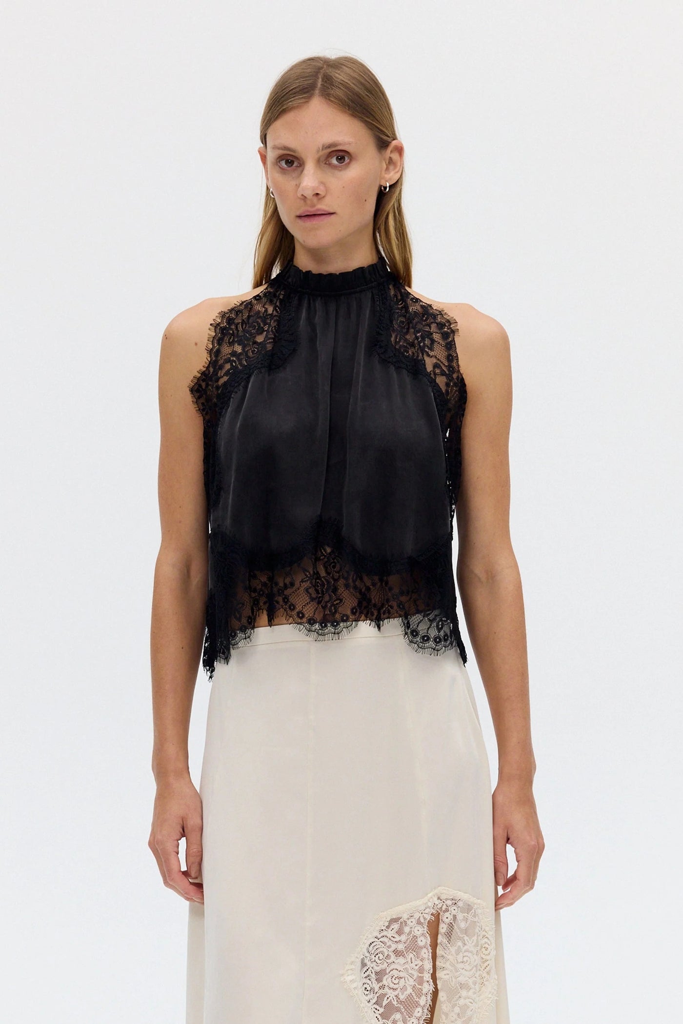 Modern Muse Satin Lace Trim Pleated Neck Top and A-line Irregular Slit Skirt Set