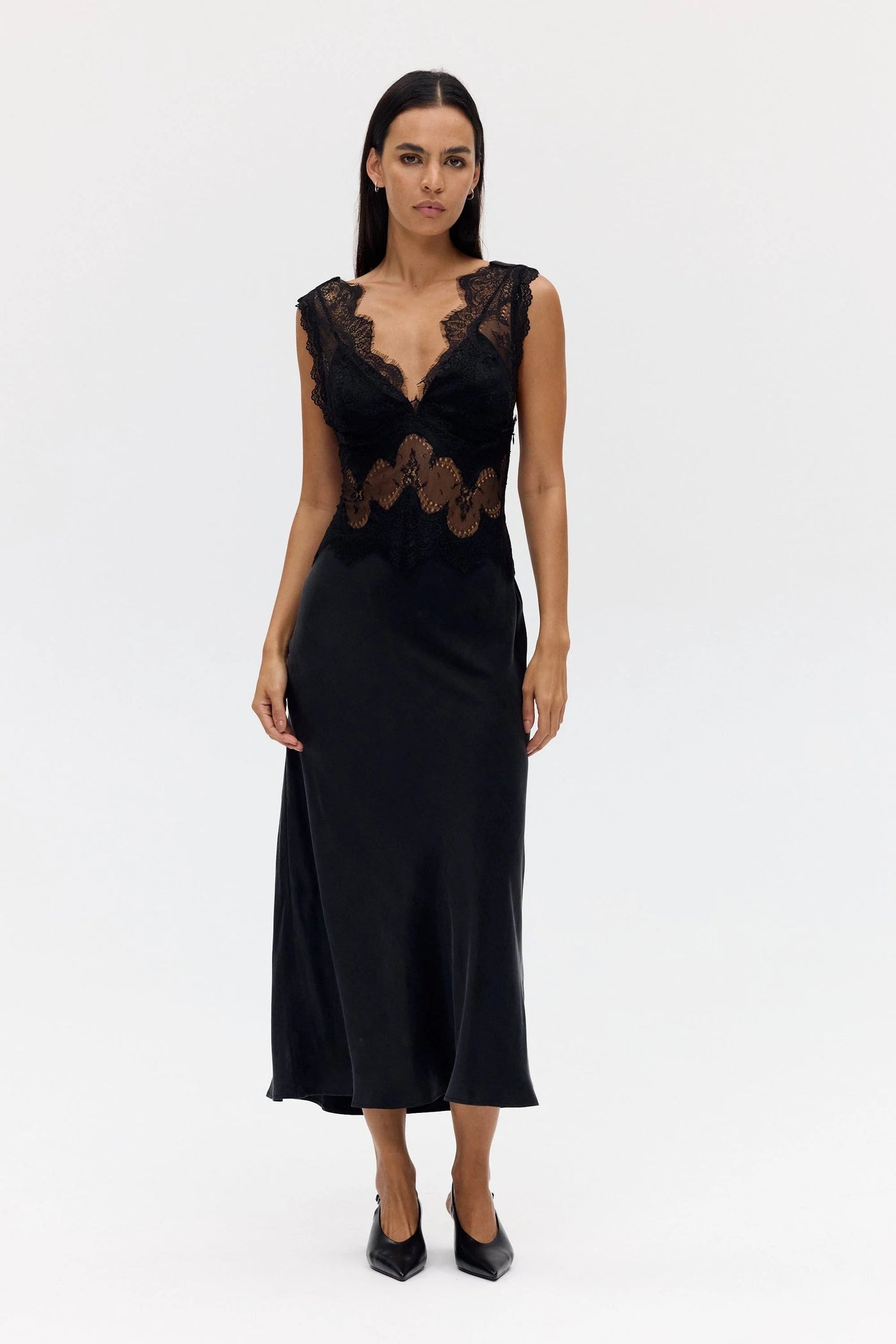 Modern Muse Satin Lace Trim Pleated Neck Top and A-line Irregular Slit Skirt Set