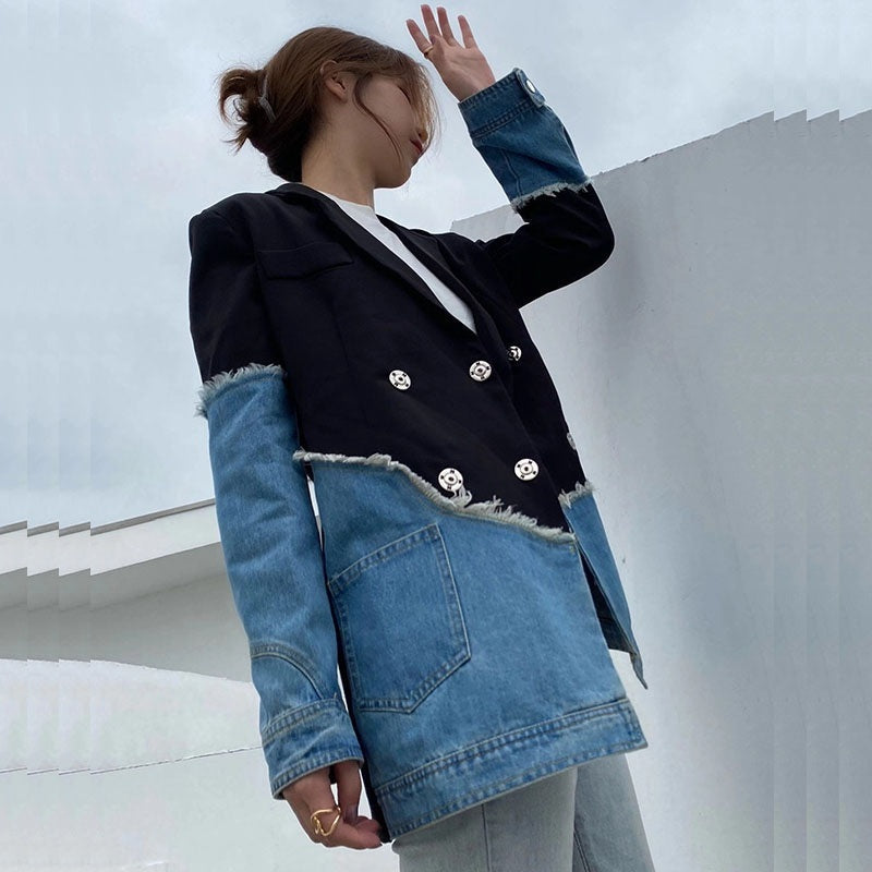 Jenna Asymmetric Denim Patchwork Blazer - Celestia Couture