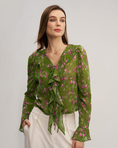 Green Floral Chiffon Ruffle Blouse
