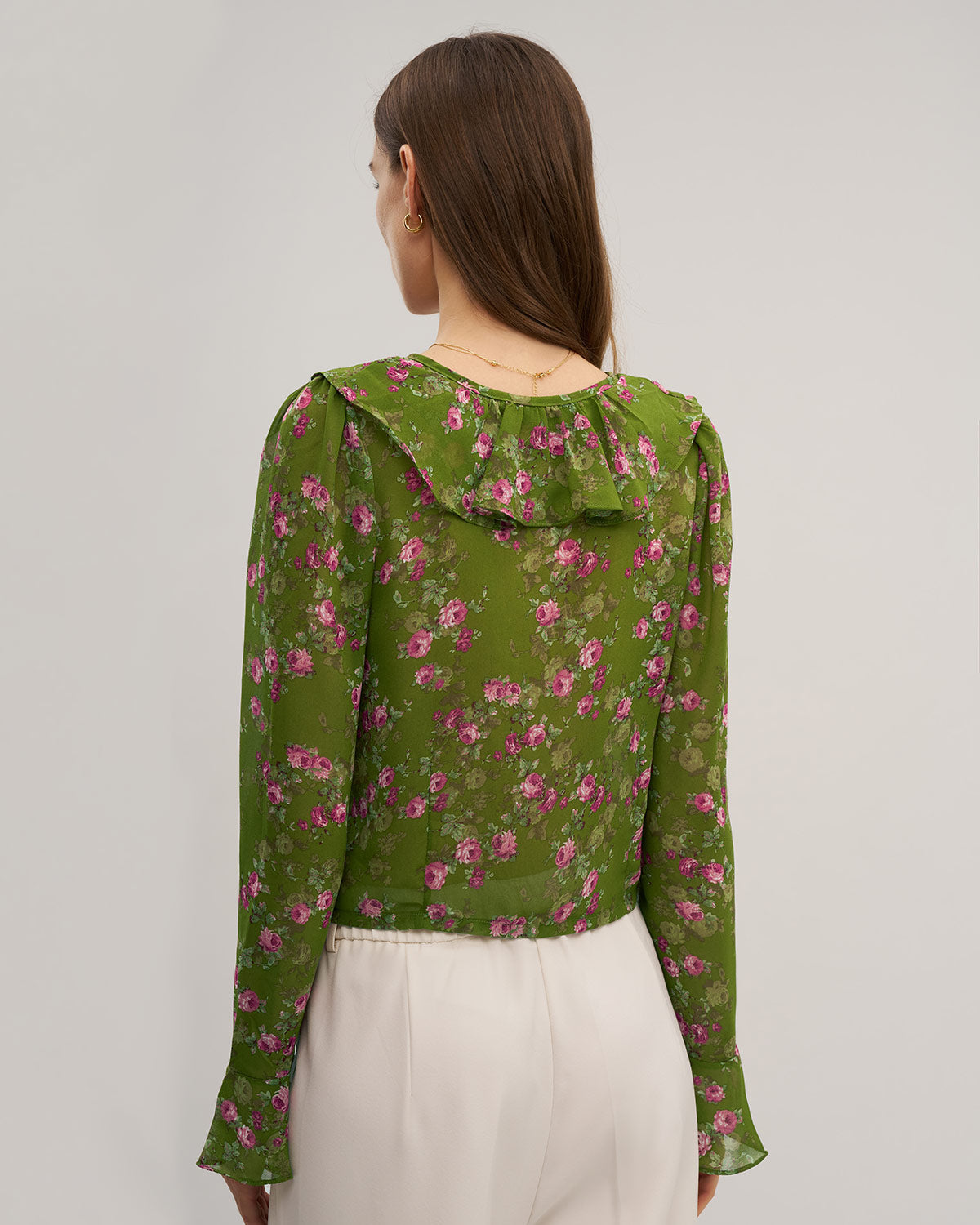Green Floral Chiffon Ruffle Blouse