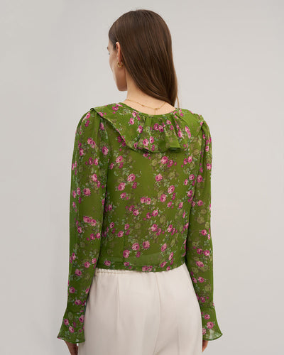 Green Floral Chiffon Ruffle Blouse