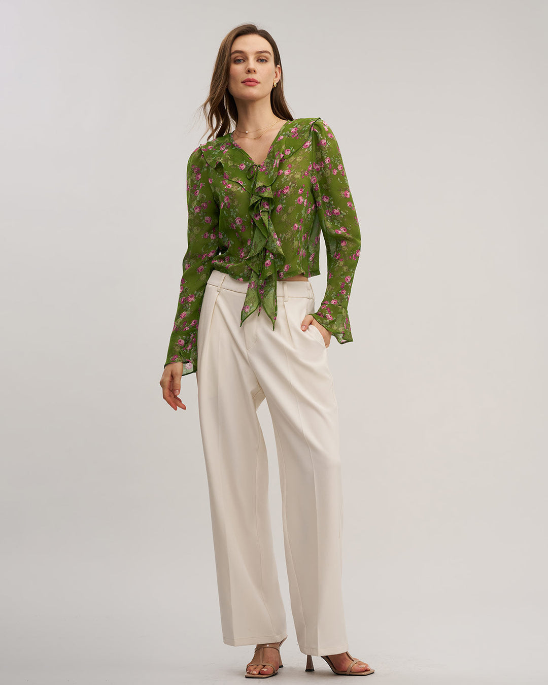 Green Floral Chiffon Ruffle Blouse