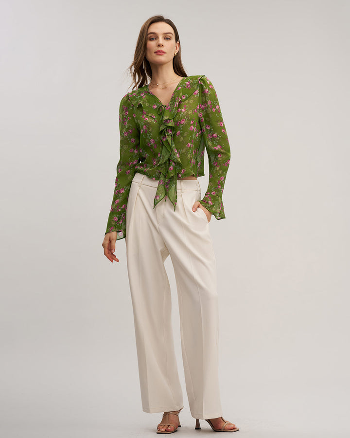Green Floral Chiffon Ruffle Blouse