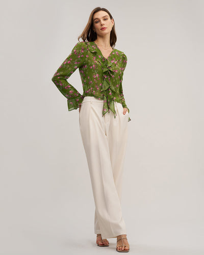 Green Floral Chiffon Ruffle Blouse