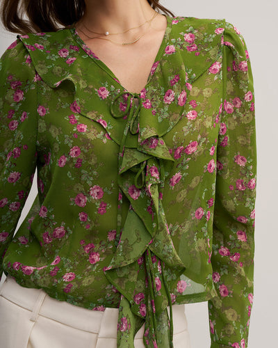 Green Floral Chiffon Ruffle Blouse
