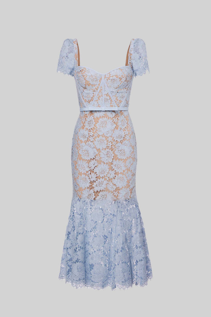 Short Sleeved Lace Dress With Delicate Matching Waist Belt - Blue
