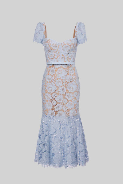 Short Sleeved Lace Dress With Delicate Matching Waist Belt - Blue