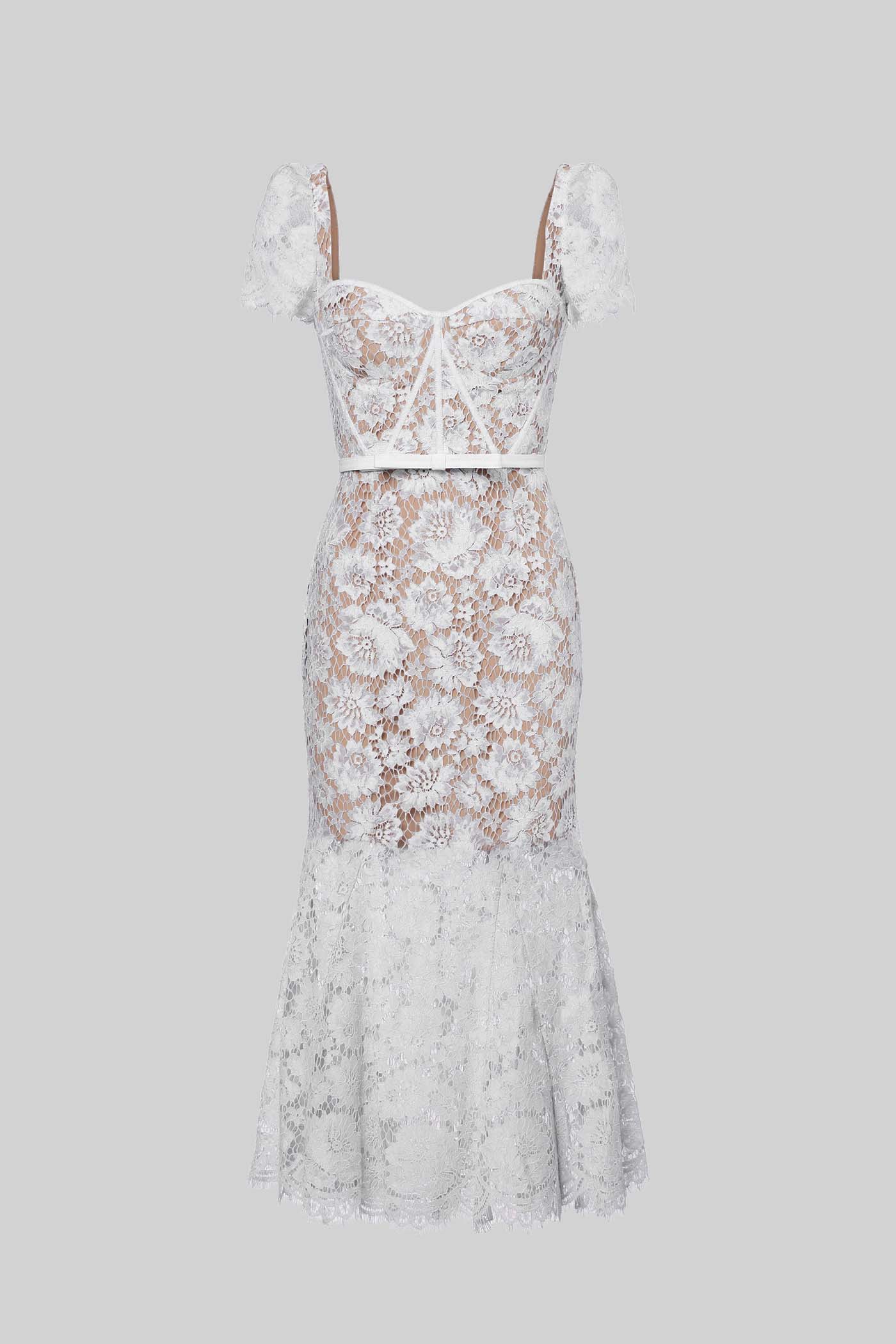 Short Sleeved Lace Dress With Delicate Matching Waist Belt - White