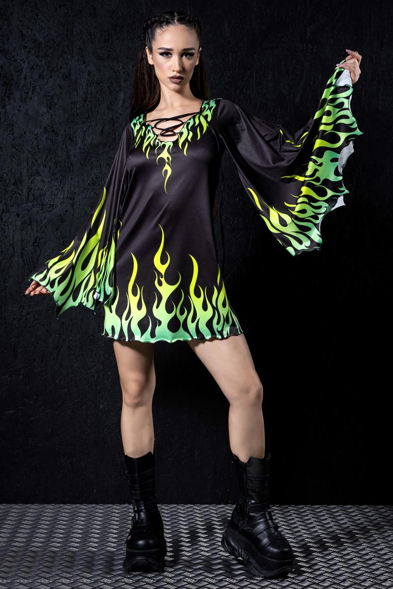Neon Fire Dance Bell Sleeve Dress