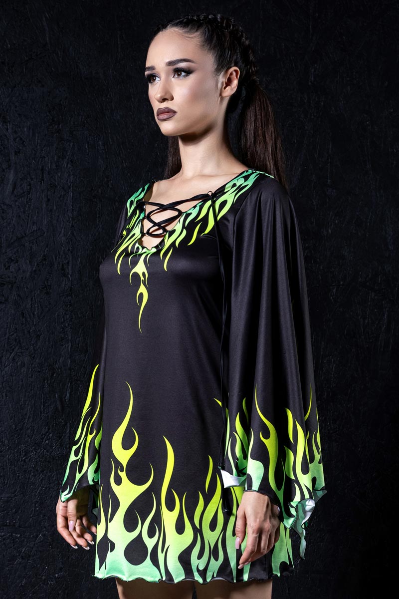 Neon Fire Dance Bell Sleeve Dress