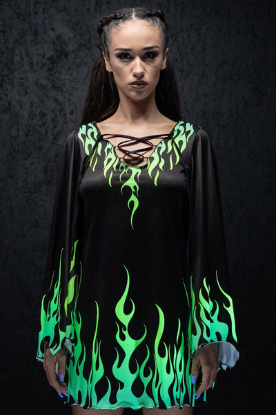 Neon Fire Dance Bell Sleeve Dress
