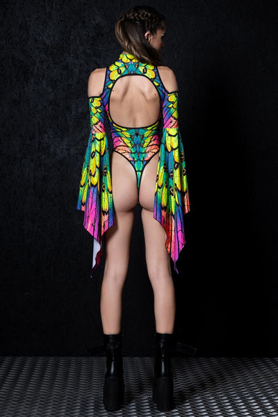 Neon Nymph Cut Out Flare Sleeve Thong Bodysuit