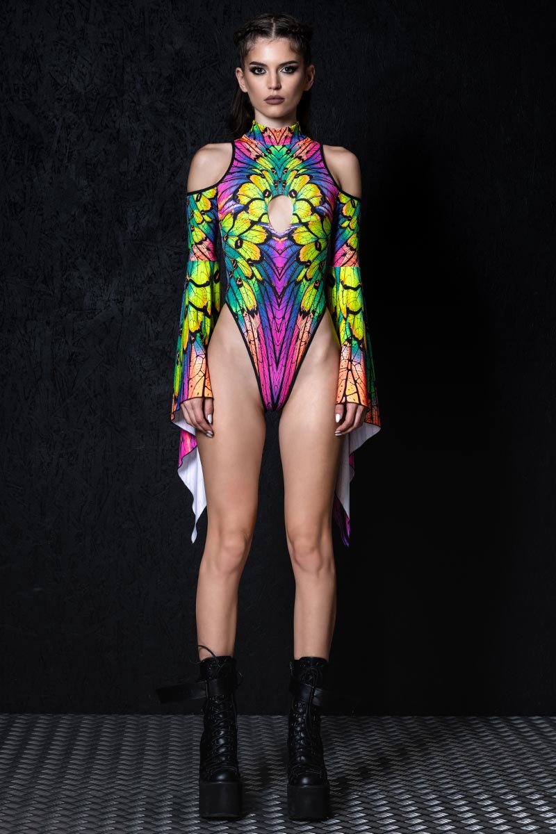 Neon Nymph Cut Out Flare Sleeve Thong Bodysuit