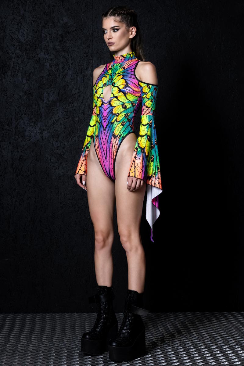 Neon Nymph Cut Out Flare Sleeve Thong Bodysuit