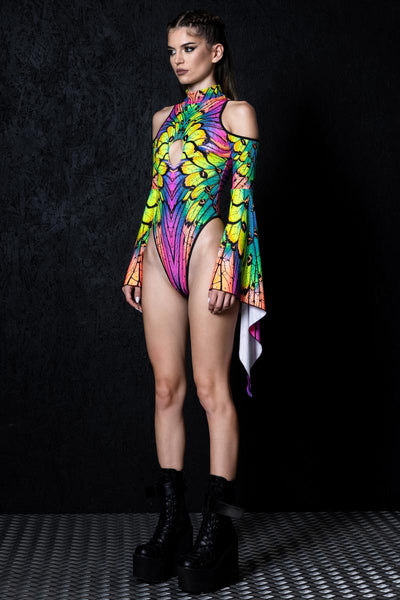 Neon Nymph Cut Out Flare Sleeve Thong Bodysuit