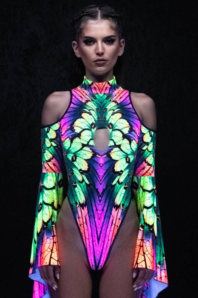 Neon Nymph Cut Out Flare Sleeve Thong Bodysuit