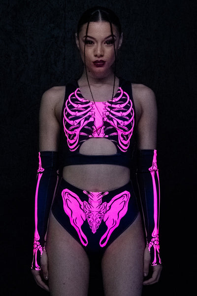 Neon Pink Skeleton Booty Shorts Set