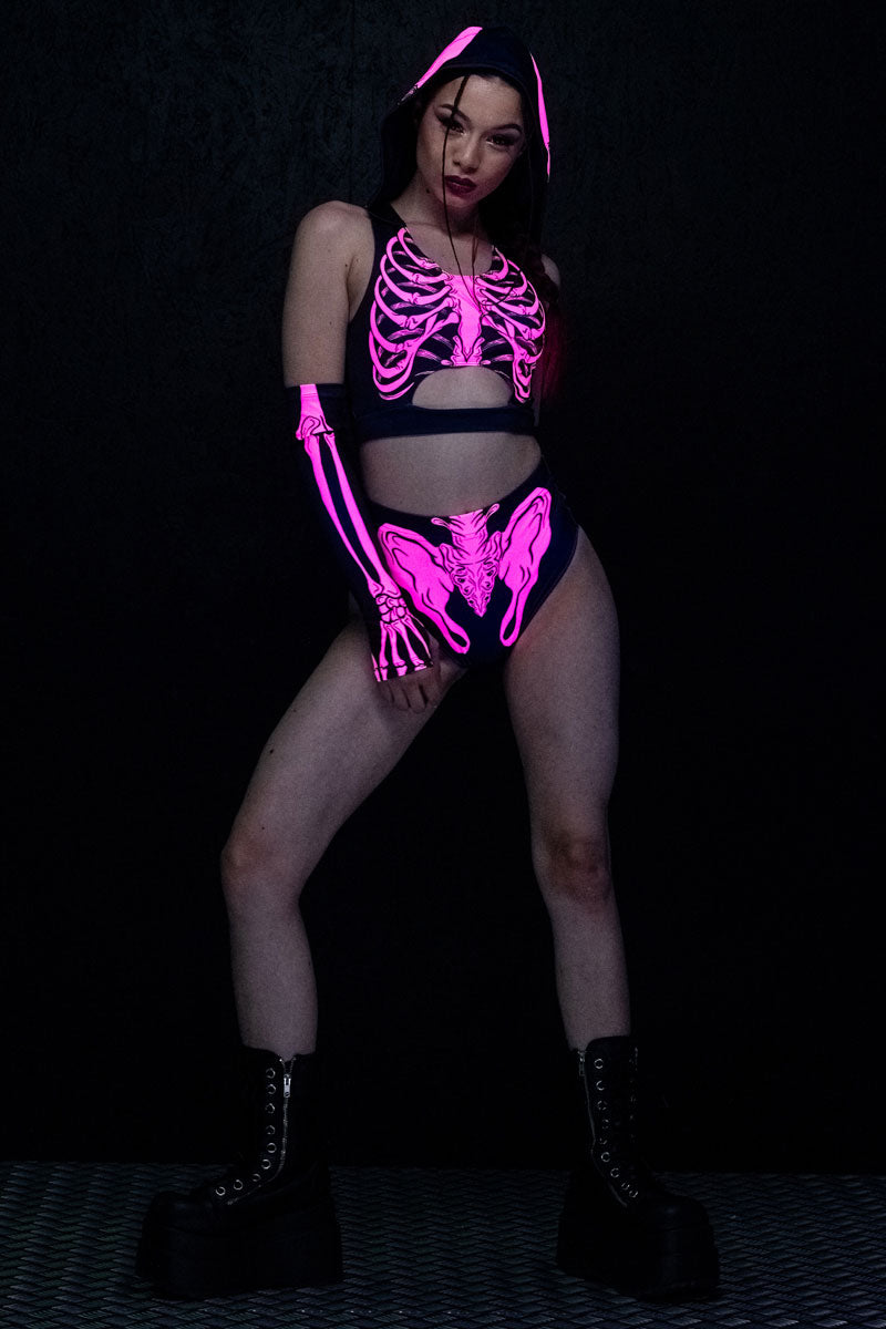 Neon Pink Skeleton Booty Shorts Set