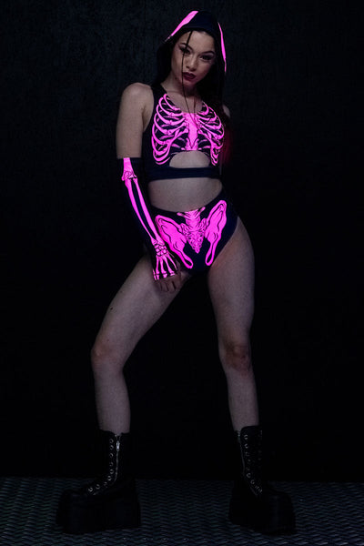 Neon Pink Skeleton Booty Shorts Set