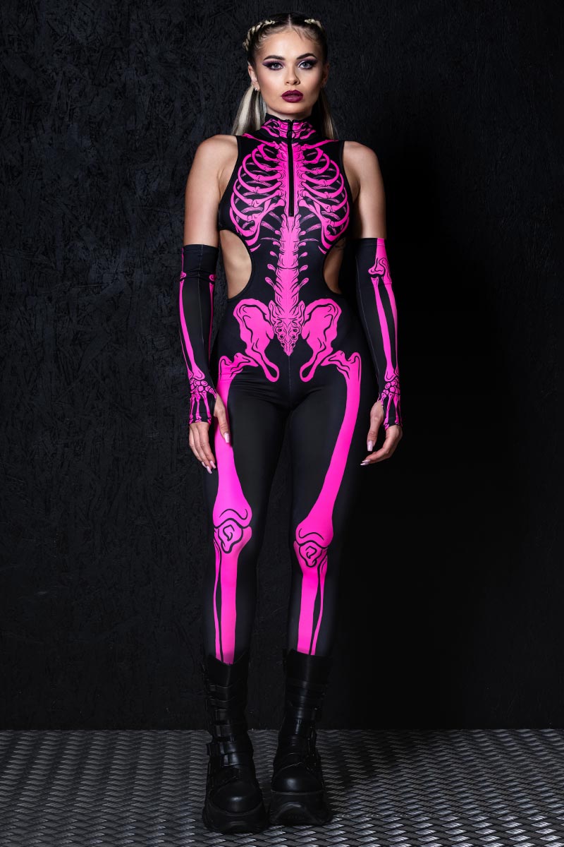 Neon Pink Skeleton Cut Out Catsuit