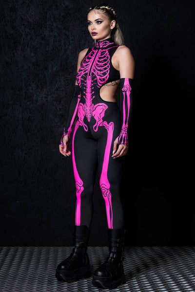 Neon Pink Skeleton Cut Out Catsuit