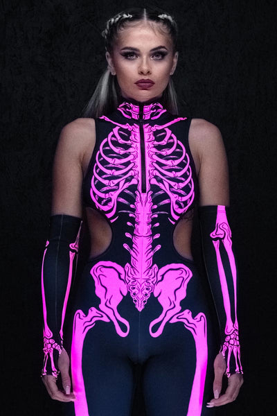Neon Pink Skeleton Cut Out Catsuit