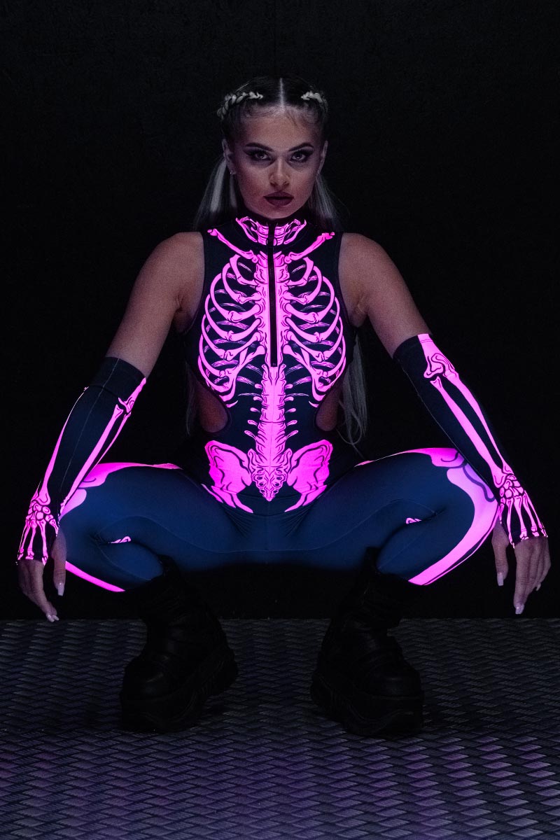 Neon Pink Skeleton Cut Out Catsuit