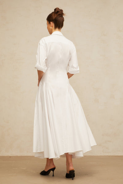 Dulcie white front-slit shirred shirt dress