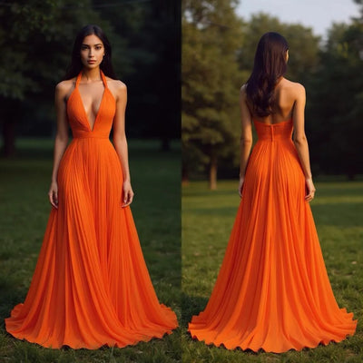 V-neck Halter Pleat Maxi Dress