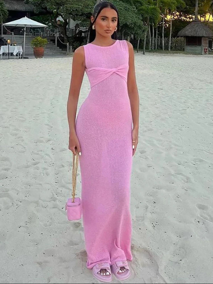 Elegant Sheer Ruched Maxi Dress in Cozy Knit - Celestia Couture