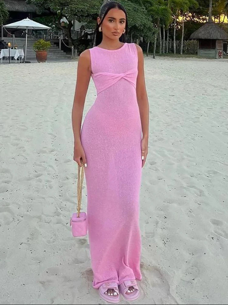 Elegant Sheer Ruched Maxi Dress in Cozy Knit - Celestial Couture