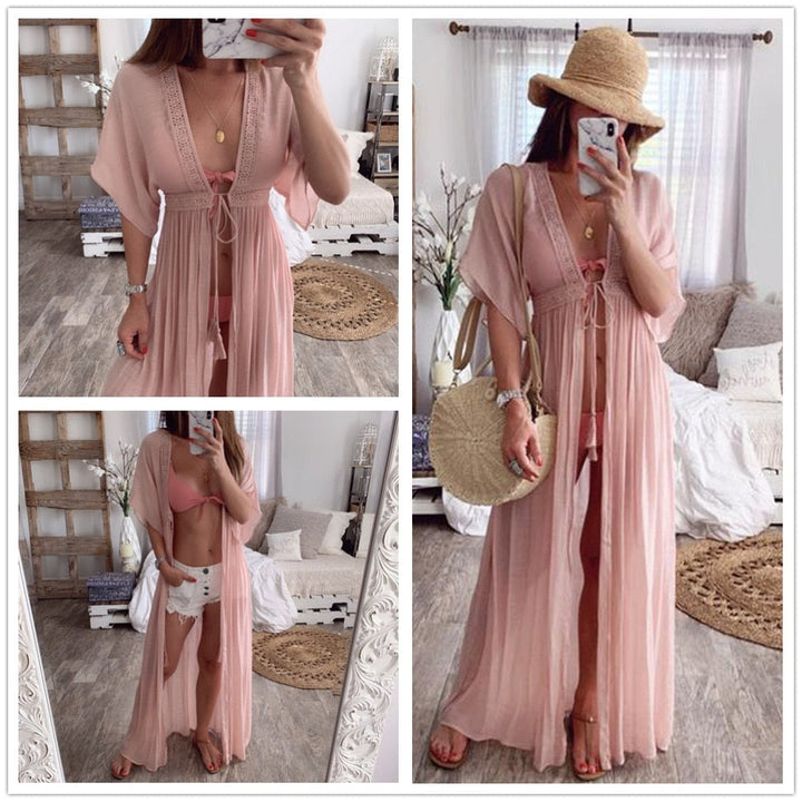 Drawstring Kimono Beach Cover Up - multiple colours