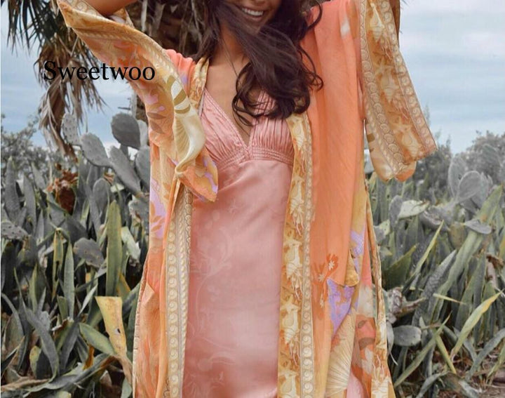 Floral Print Orange Kimono