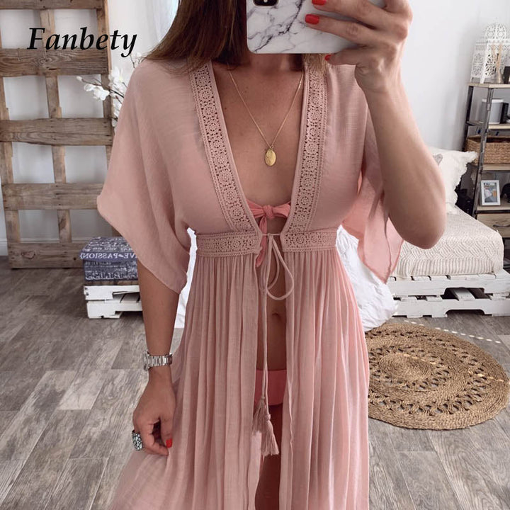 Drawstring Kimono Beach Cover Up - multiple colours