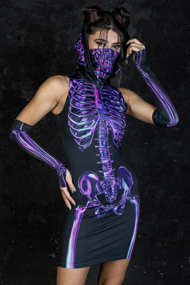 Purple Skeleton Hooded Dress with Mask