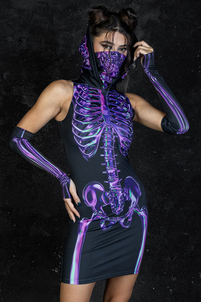 Purple Skeleton Hooded Dress with Mask
