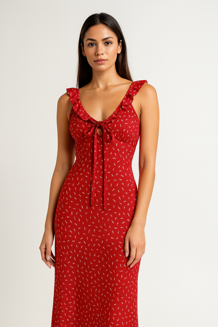 Red Floral V Neck Ruffle Maxi Dress - Celestia Couture