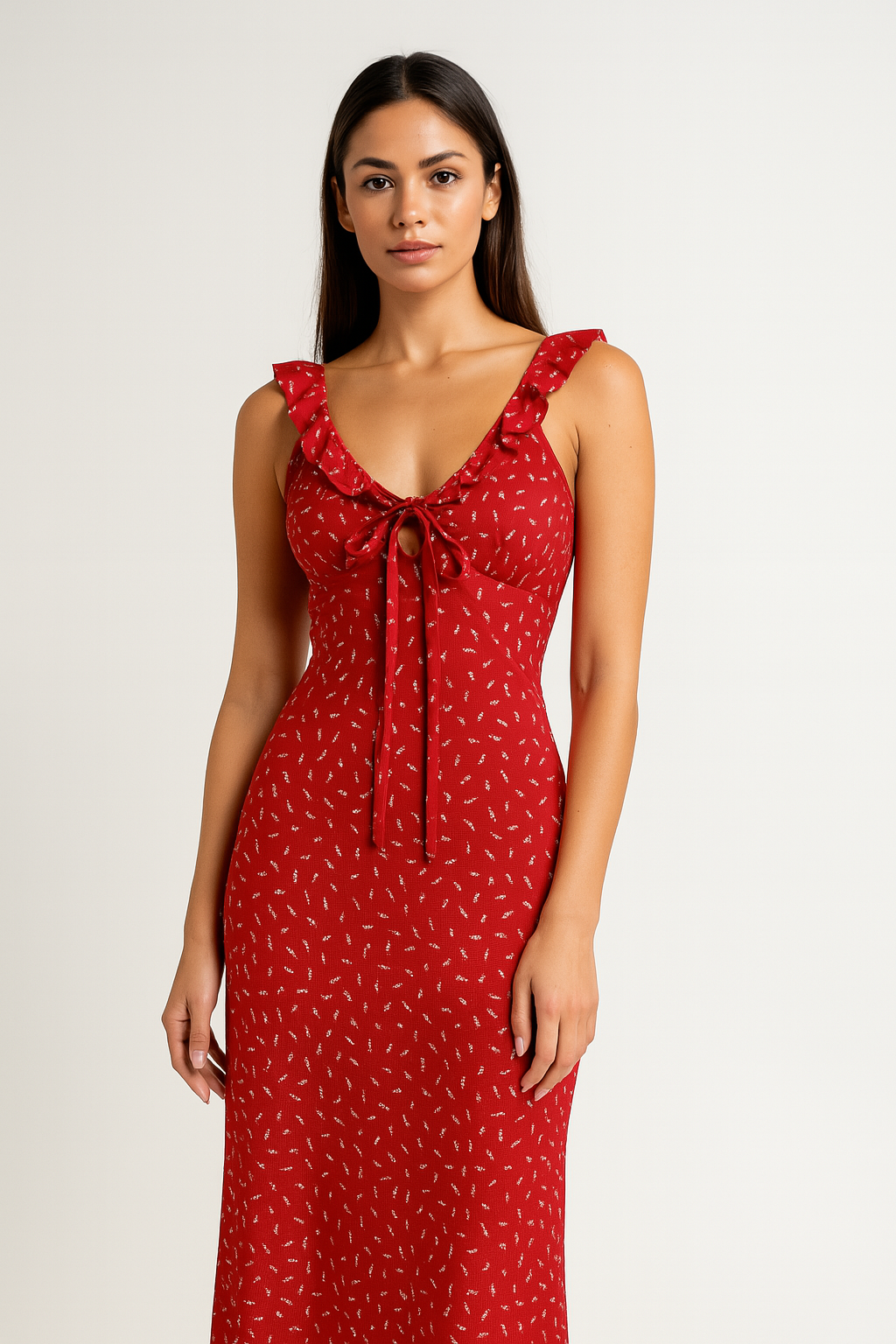 Red Floral V Neck Ruffle Maxi Dress
