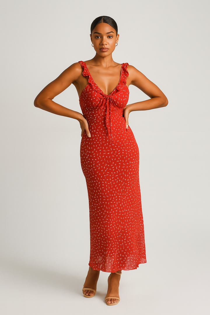 Red Floral V Neck Ruffle Maxi Dress - Celestia Couture