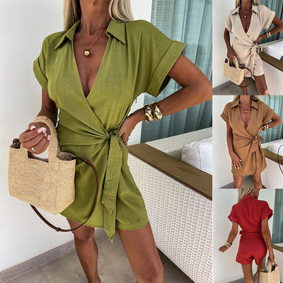 Bondi Breeze Women's Cotton Linen Sexy V Neck Romper