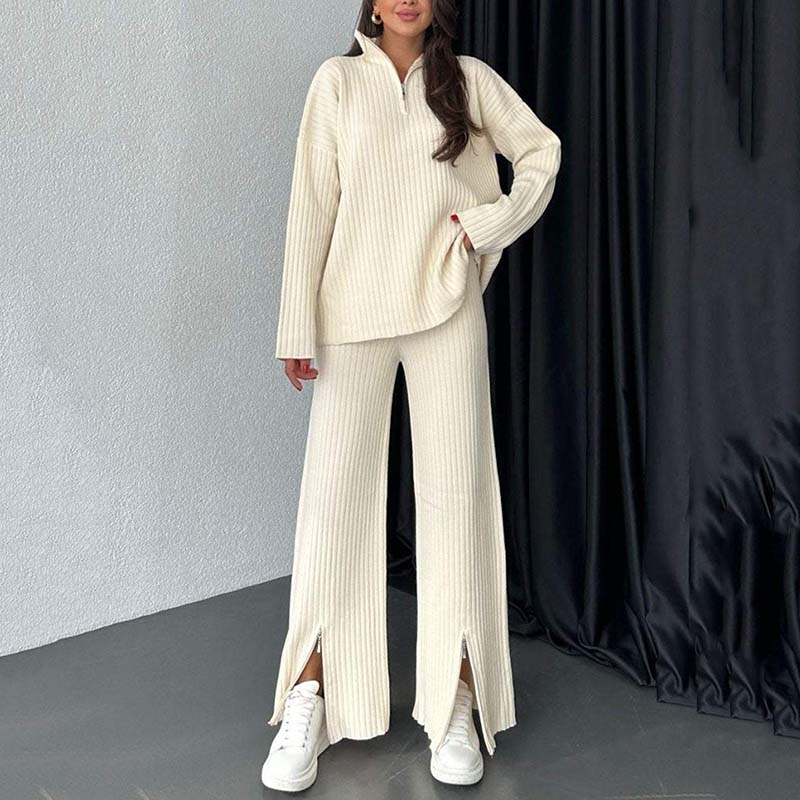 Women's Cozy Ribbed Knit with Slit-Leg Pants(Two-Piece Set) - Celestial Couture