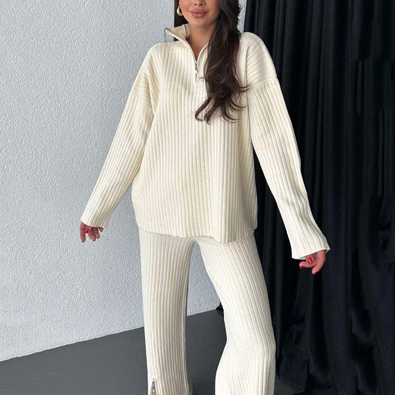 Women's Cozy Ribbed Knit with Slit-Leg Pants(Two-Piece Set) - Celestia Couture